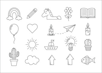 Collection of simple line art icons and doodles