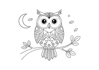 Whimsical owl illustration with moon and leaves