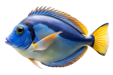 Vibrant blue and yellow tropical fish with striking patterns isolated on transparent background