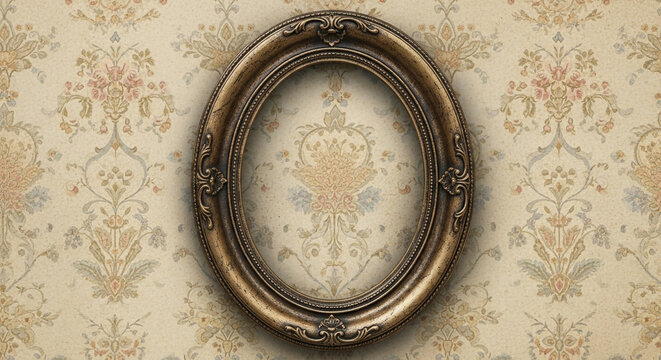 Elegant antique oval frame rests against vintage floral wallpaper evoking timeless sophistication and classic interior design