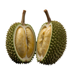 Obraz premium Two halves of a ripe durian fruit with creamy yellow flesh isolated on a transparent background