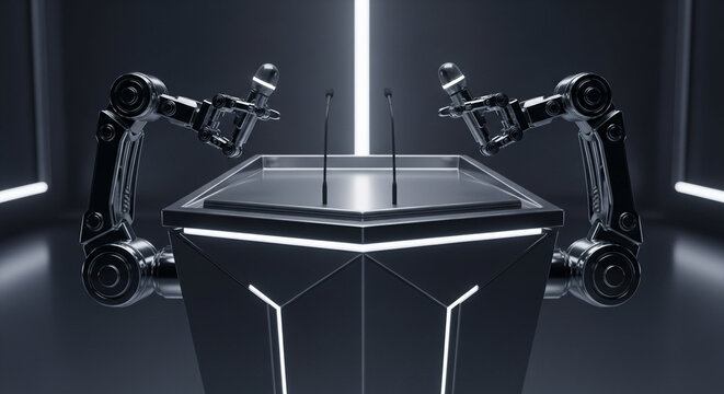Futuristic robotic arms holding microphones at a sleek podium with neon lighting, perfect for technology conferences and modern business presentations