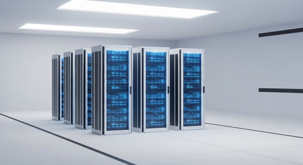 Modern server room data center with sleek technology, offering reliable IT infrastructure and robust computing power for business solutions