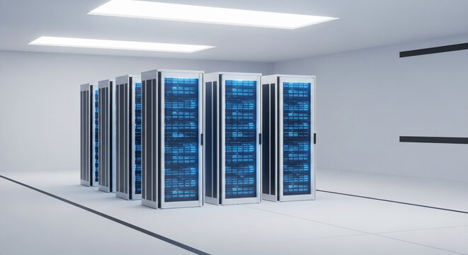 Modern server room data center with sleek technology, offering reliable IT infrastructure and robust computing power for business solutions