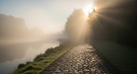 Stunning misty sunrise over quiet river path, sunlight breaking through trees, perfect for peaceful morning walks or serene nature escape ideas