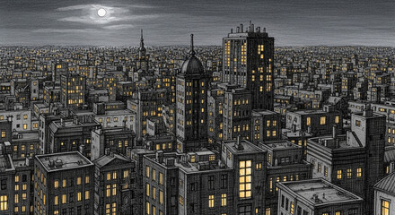 Dramatic cityscape under full moon, creating a moody urban atmosphere with glowing windows and vintage architectural style for cinematic appeal