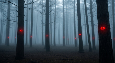 Eerie forest landscape with glowing red eyes in the trees, perfect for horror movie posters, dark fantasy book covers, or spooky Halloween promotions