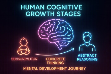 Neon Cognitive Growth Stages Infographic with Developmental Milestones for Psychology Education