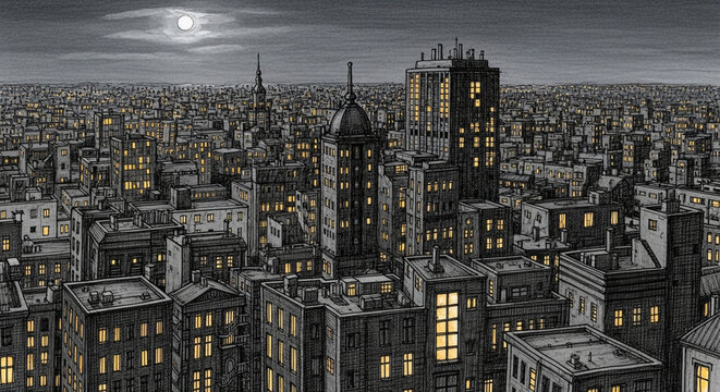 Dramatic cityscape under full moon, creating a moody urban atmosphere with glowing windows and vintage architectural style for cinematic appeal