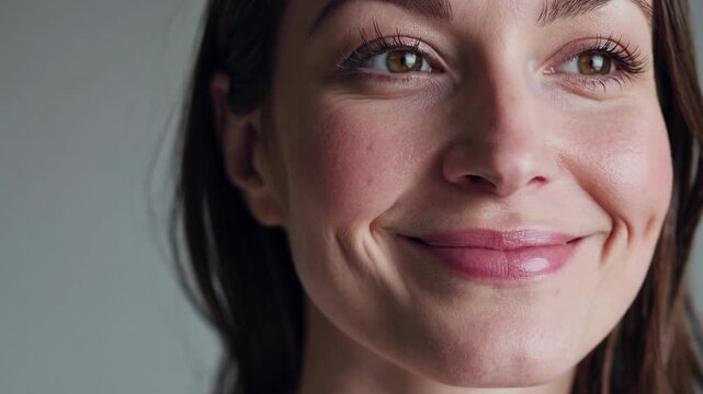Close-up video frame of a smiling woman, showcasing natural beauty video.