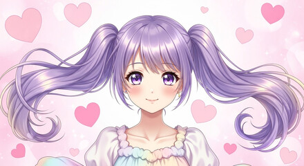 Adorable anime girl illustration with lavender hair and big eyes radiating cuteness and sweetness, perfect for social media or kawaii-themed projects