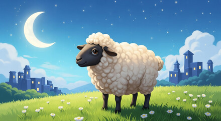 Dreamy sheep grazes peacefully in a moonlit meadow with a charming village backdrop, evoking tranquility and slumber.