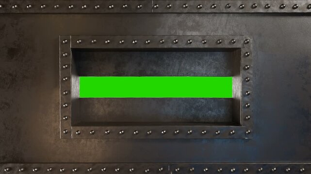 A steampunk-style iron bunker with an embrasure or window. Iron military bunker. Isolated with green chromakey, luma matte.

