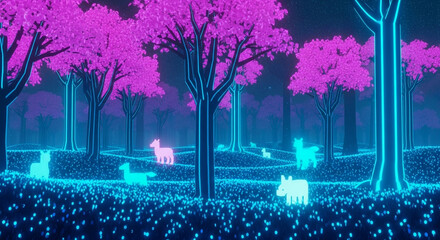 Enchanting neon forest wonderland with glowing animals and vibrant purple trees creating a magical, surreal atmosphere