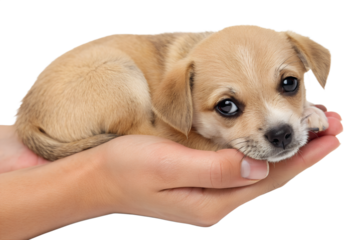 Tiny puppy resting peacefully in pair of cupped hands, symbolizing care and trust, isolated on transparent background, perfect for pet care, adoption, or veterinary service concepts