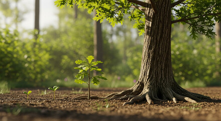 Witness the powerful cycle of life as a tiny seedling grows beside its mighty parent tree, symbolizing resilience and future abundance in a serene forest setting.