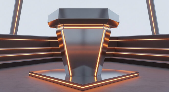 Modern futuristic stage podium with vibrant orange neon lighting, perfect for awards ceremonies, product launches, or gaming events. - Powered by Adobe