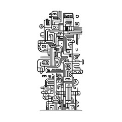A vertical abstract illustration featuring complex geometric shapes and line work on a white background