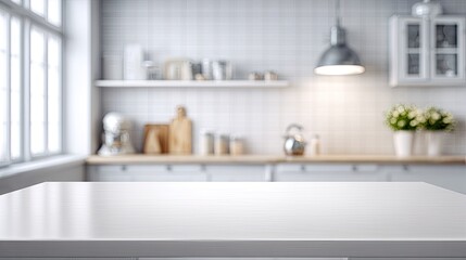 Blurred white kitchen, blank countertop