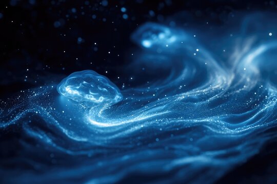 A luminous, abstract blue brain-like form glows amidst swirling energy and sparkling particles, evoking digital, cosmic, or scientific wonder. - Powered by Adobe