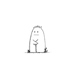 A cartoonish drawing of a tall white monster with a stern face and crossed arms standing in grass