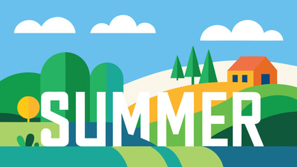 Fototapeta premium A summer illustration with the inscription “Summer” and a landscape with a house and trees