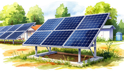 Solar panels installed in a grassy area with trees in the background  