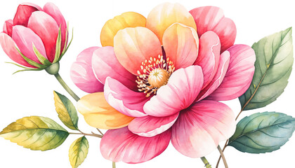Pink watercolor flowers with green leaves and budding blossoms  