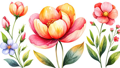 Colorful watercolor flowers arranged in a botanical style  