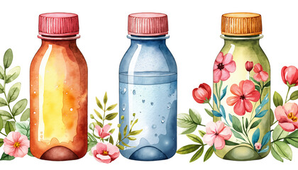 Three decorative bottles with floral patterns and colorful caps  