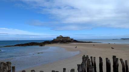 Fort National and Wooden Breakwater Poles at Low Tide, Saint-Malo, France