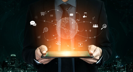 Visualization of global digital communication and online across multiple platforms, including global network, digital network, communication network, and online network. Vouch