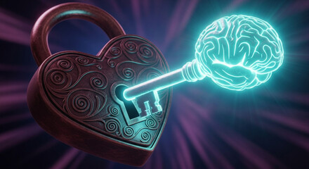 Unlock the secrets of the mind with this glowing brain key unlocking an ornate heart lock, symbolizing knowledge and understanding.