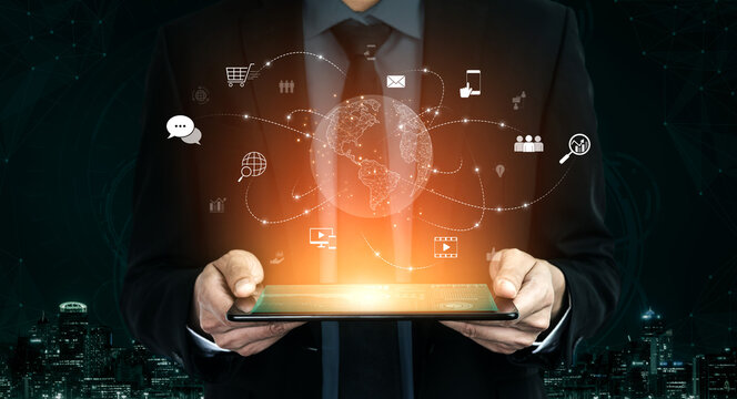 Visualization of global digital communication and online across multiple platforms, including global network, digital network, communication network, and online network. Vouch