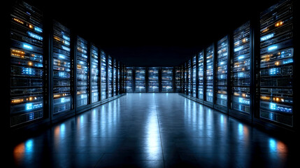 Server room with rows of servers and lighting