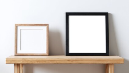 Two blank picture frames, light and dark, on a light wooden shelf against a light wall
