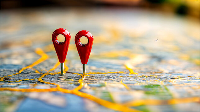 Red pins on a map with yellow lines