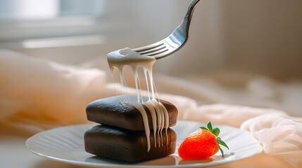 Gooey chocolate bite, fork pulling melted marshmallow strands, stacked candy on plate, strawberry accent, soft window light, cozy minimal background, side angle, copy space