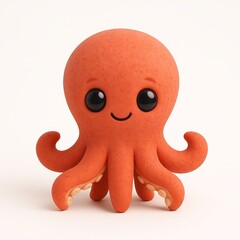 3D cute orange octopus character, clay style sea animal on white background