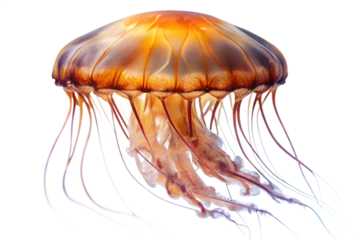 Vibrant orange jellyfish with flowing tentacles isolated on transparent background