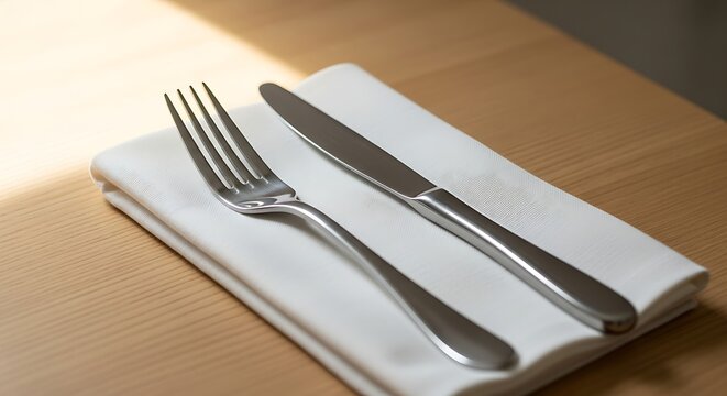 A silver fork and a knife are placed on a white napkin on a wooden table in soft natural light