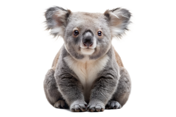 Cute koala sitting isolated on transparent background with soft fur and large ears
