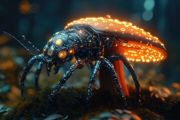 A detailed cyborg insect with glowing orange eyes and a bioluminescent mushroom shell rests on moss in a dark, ethereal forest.