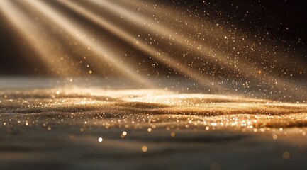 Golden light beams illuminating a textured surface of shimmering gold dust