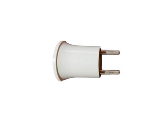 This white power plug has two metal pins. It looks simple and sturdy, with a transparent background.