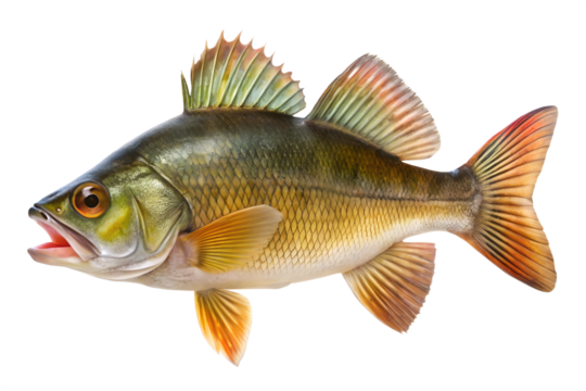 Closeup of a largemouth bass fish isolated on transparent background with detailed scales and fins