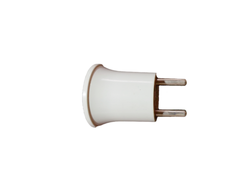 This white power plug has two metal pins. It looks simple and sturdy, with a transparent background.