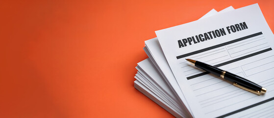 Job application form stack with black pen on orange background showing employment paperwork and hiring process documentation for recruitment concept