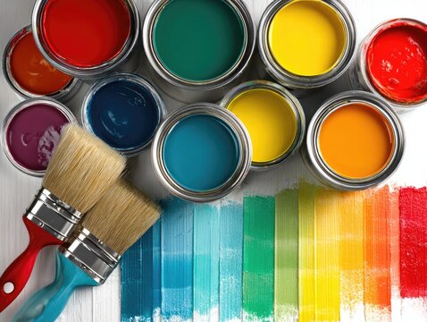Paint cans in various colors, paintbrushes, and a color spectrum