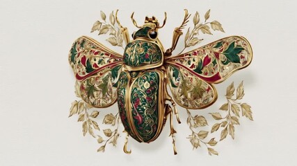 Ornate bug with decorated wings and gold trim, resting on a field of golden leaves